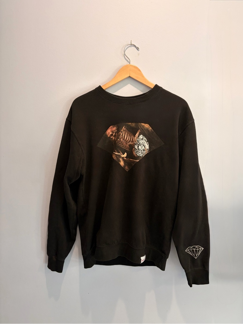 Cotton Blend Black Graphic Crewneck Sweatshirt with Skeleton and Diamond Motif